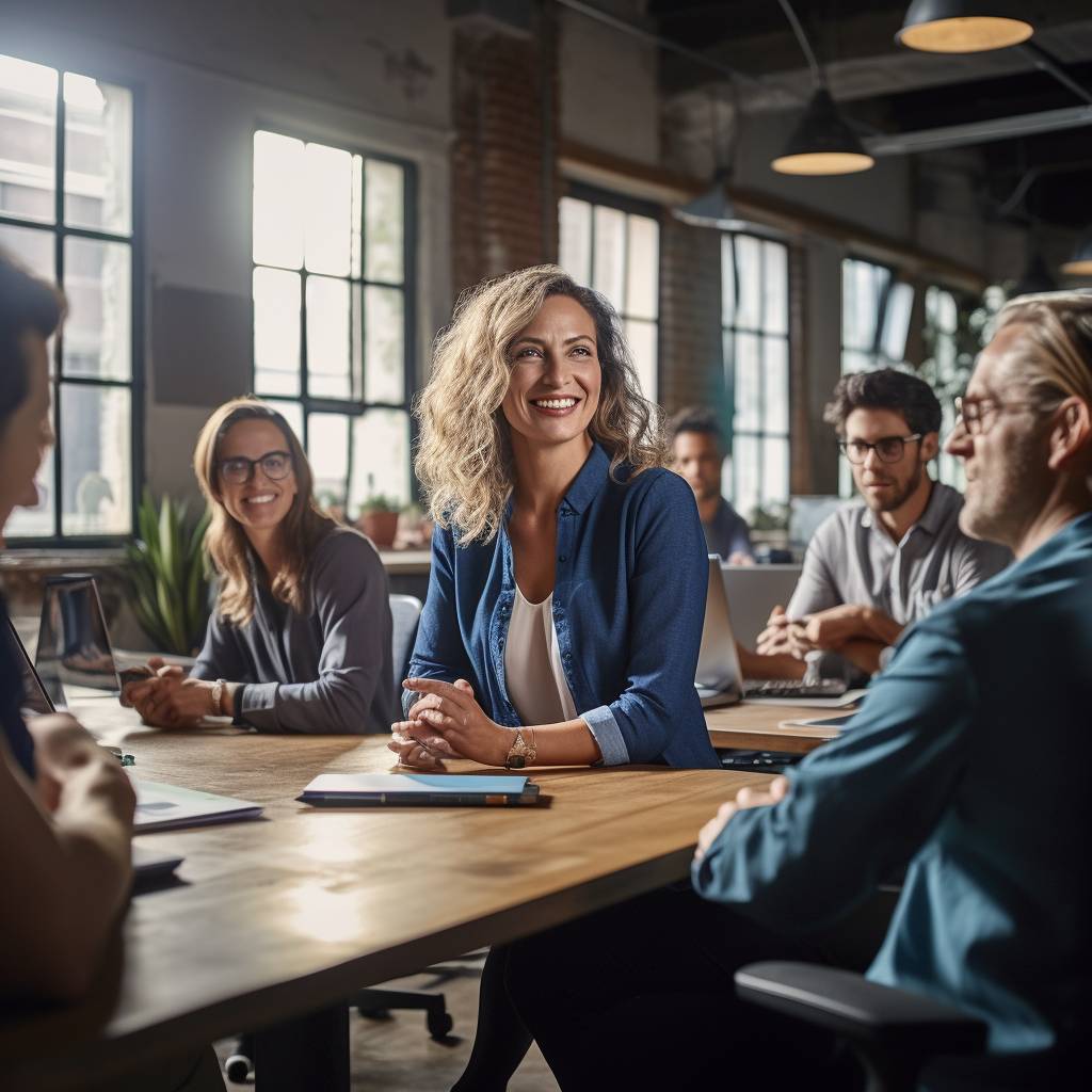 Businesswoman leading an informal team meeting.