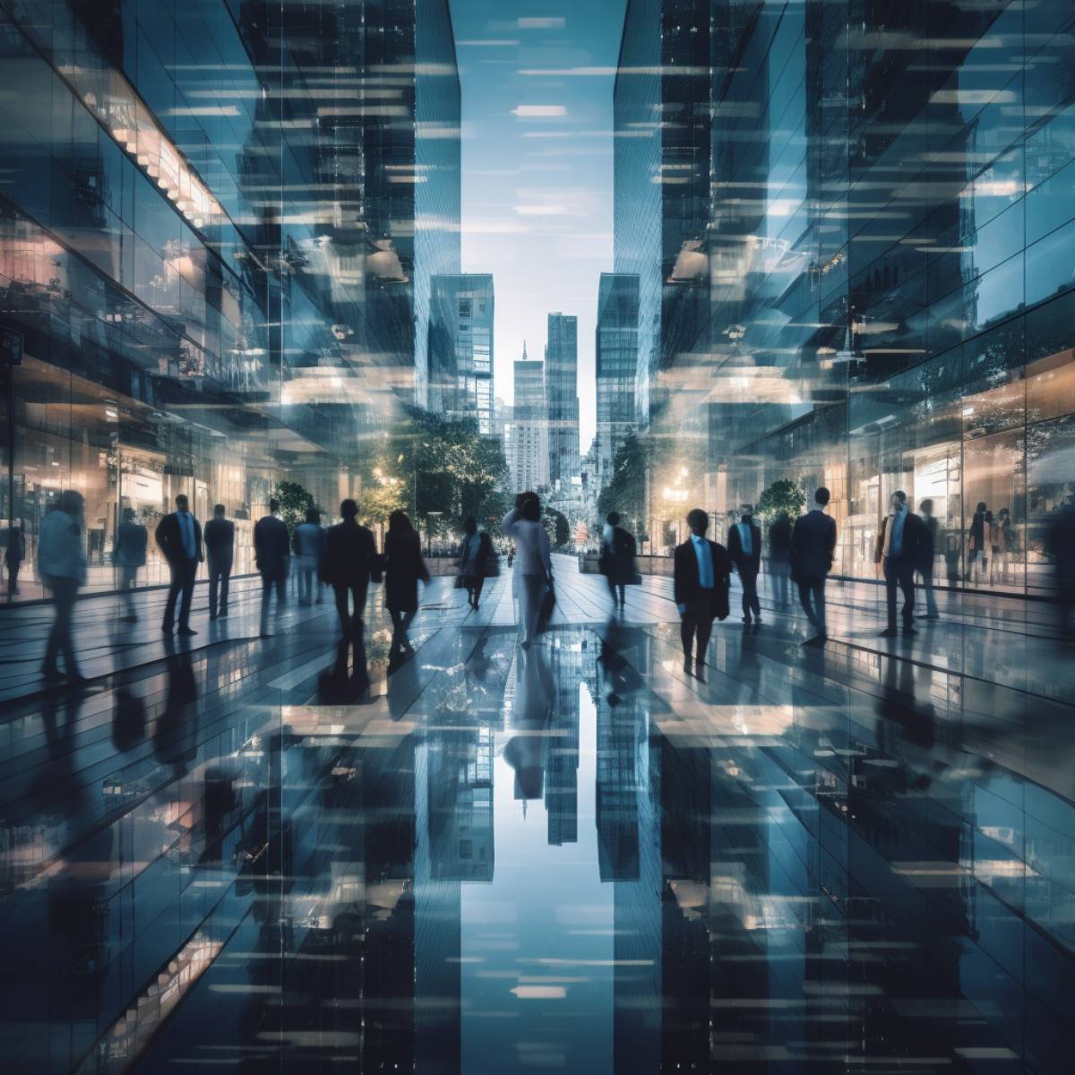 Time lapse photography of fast moving busy businessmen reflecting in glass of building.