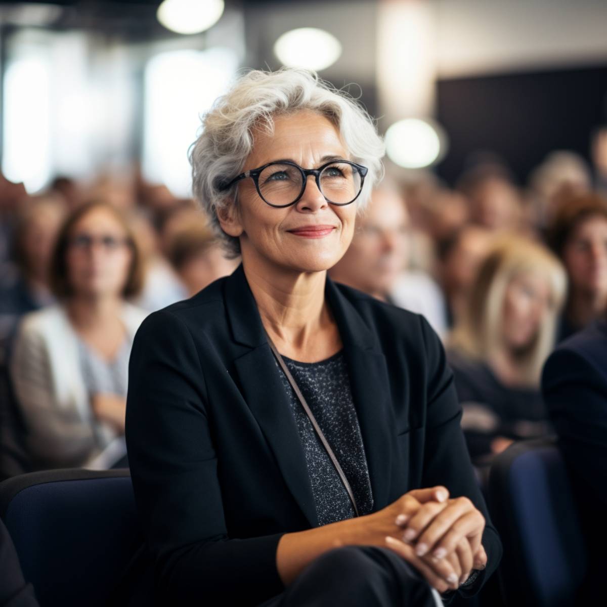 Senior businesswoman attending seminar at convention center and paying attention to the presentation.