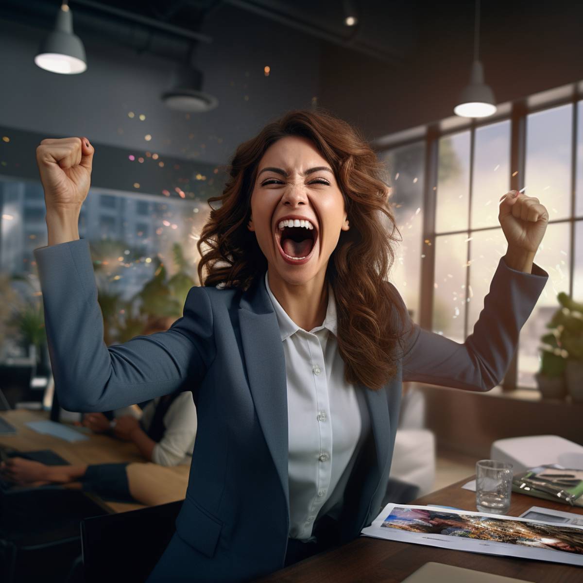 An exuberant businesswoman is brimming with excitement after reading the terms of her employee benefits program.